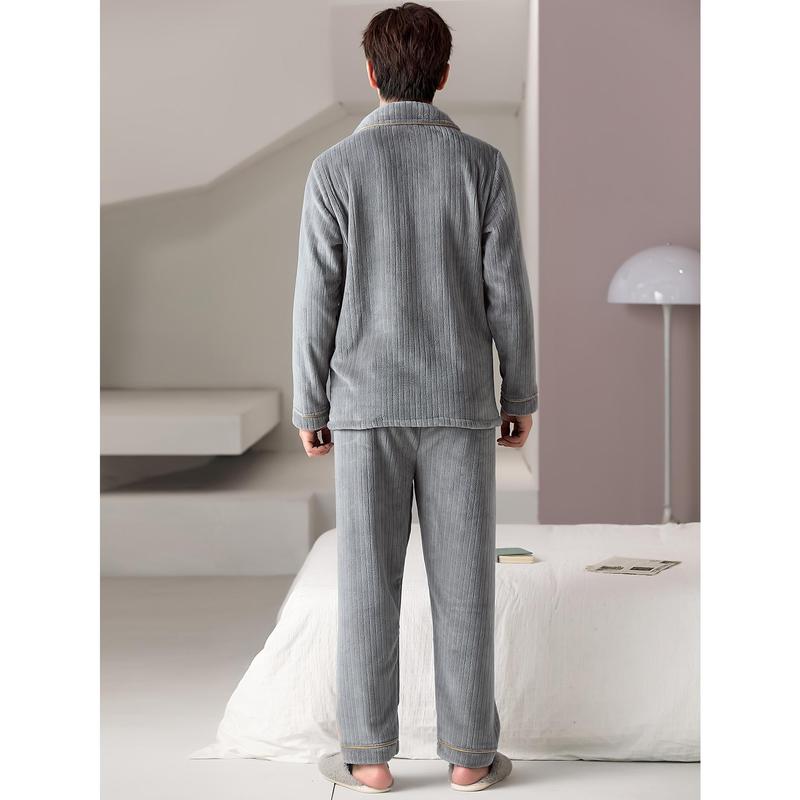 Men's Comfortable Flannel Pajamas Suit-Casual Lapel Long Sleeve Top with Pockets, with Loose Solid Color Trousers-100% Polyester Fiber Knitted Fabric, Suitable for Autumn and Winter, Thick