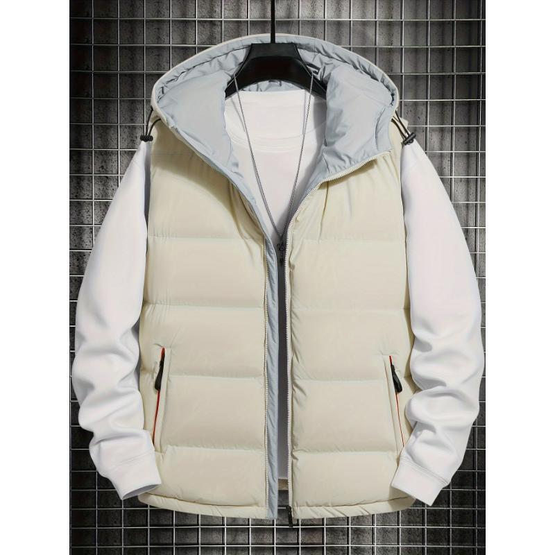 Men's Casual Hooded Puffer Vest, Regular Fit Solid Color Autumn Winter Vest With Pockets, Outdoor Cloth Menswear Collar