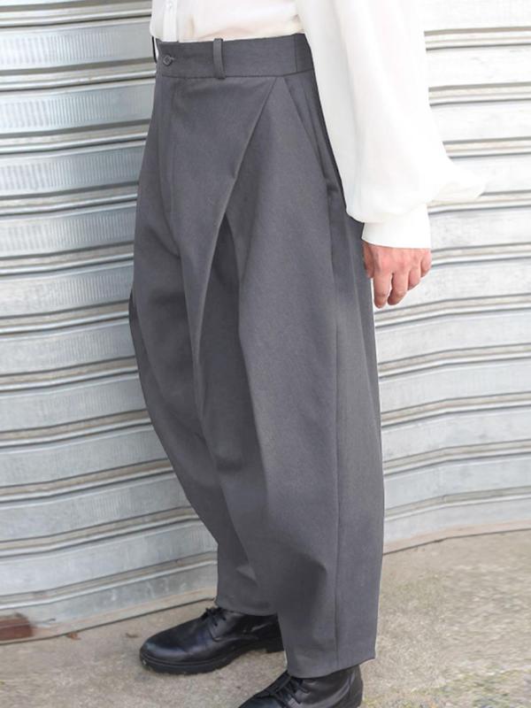 Men's Solid Pocket Wide Leg Pants, Casual Loose Plicated Trousers for Daily Wear, Woven Bottoms for All Seasons