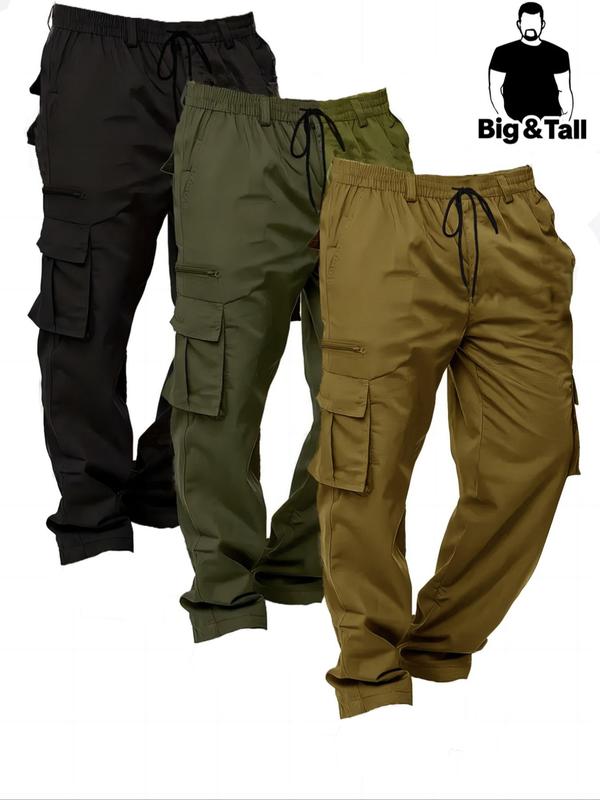  Men's Solid Color Drawstring Waist Cargo Pants, Casual Elastic Waist Zipper Pocket Trousers for Daily Wear, 2000s Pants, Men's Bottoms for All Seasons