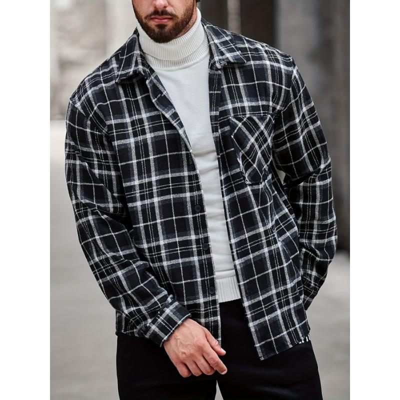 Men's Plaid Casual Shirt - Young Adult Men - Plaid, Tops, Long Sleeve, Lapel, Button, Regular, Casual, Polyester, Non-Stretch, No, Woven - Suitable for Office, Casual Outing, Everyday Wear zip sweatshirt polo collar shirt