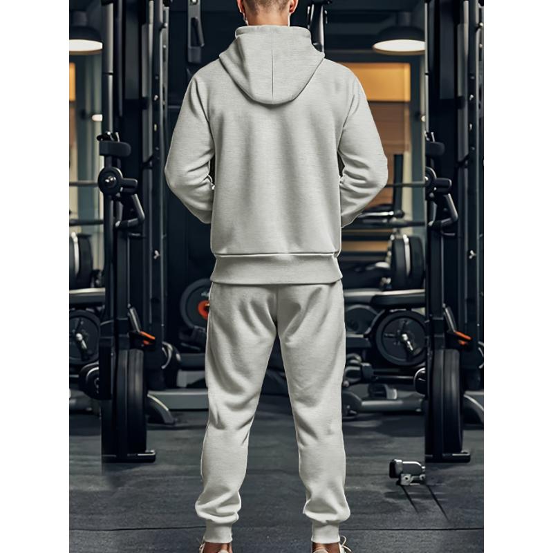 2-piece Solid Color Men's Athletic Tracksuit Set, Casual Long Sleeve Zip Up Hoodie With Drawstring And Jogging Pants Set For Gym Workout Running