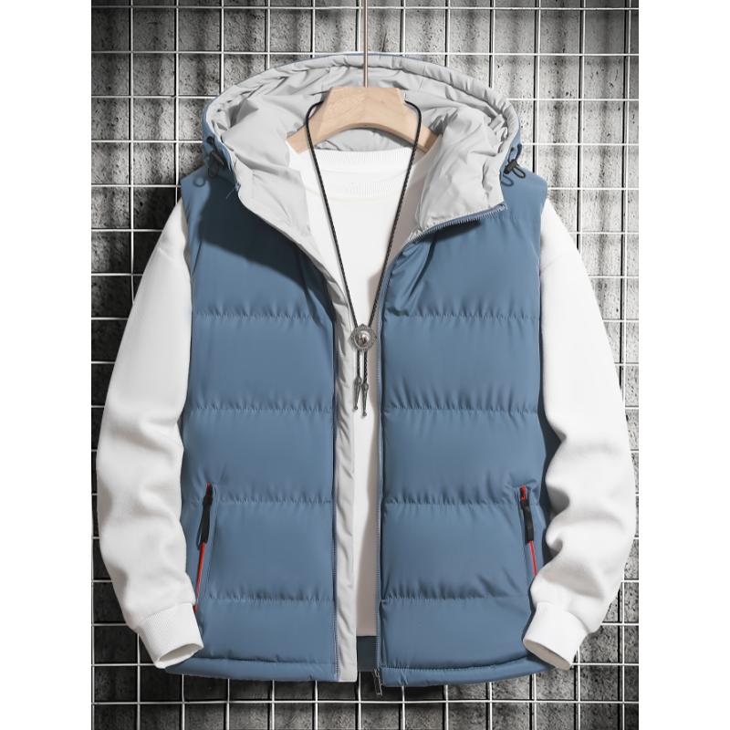 Men's Casual Hooded Puffer Vest, Regular Fit Solid Color Autumn Winter Vest With Pockets, Outdoor Cloth Menswear Collar