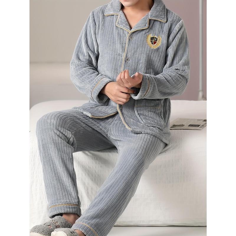 Men's Comfortable Flannel Pajamas Suit-Casual Lapel Long Sleeve Top with Pockets, with Loose Solid Color Trousers-100% Polyester Fiber Knitted Fabric, Suitable for Autumn and Winter, Thick