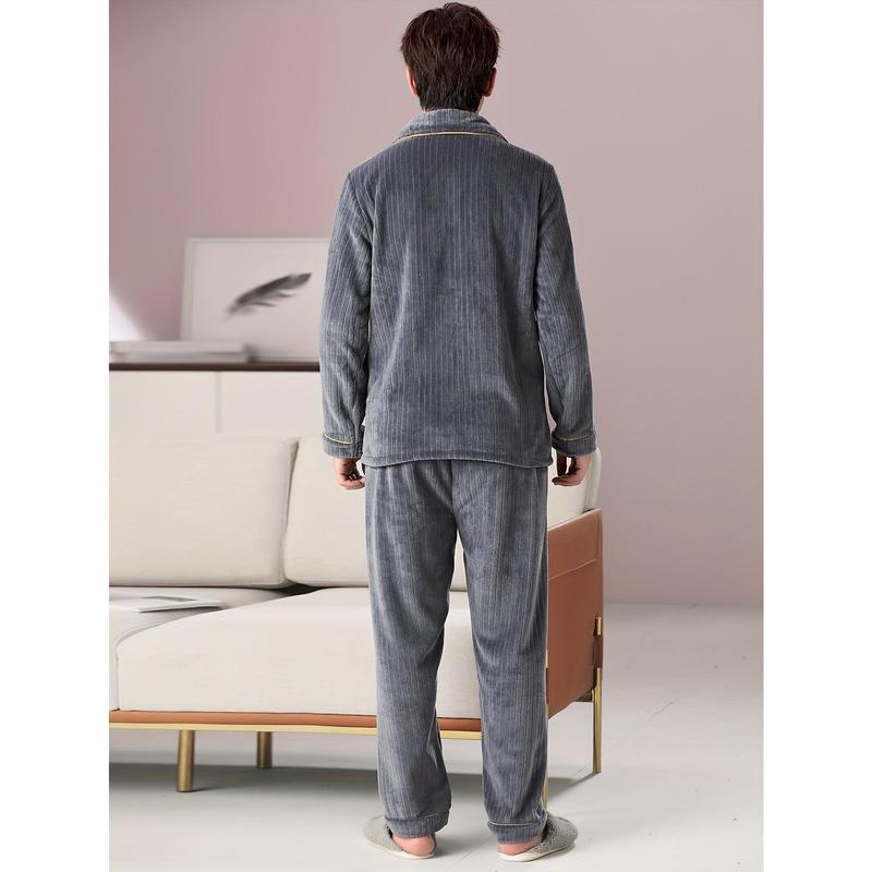 Men's Comfortable Flannel Pajamas Suit-Casual Lapel Long Sleeve Top with Pockets, with Loose Solid Color Trousers-100% Polyester Fiber Knitted Fabric, Suitable for Autumn and Winter, Thick