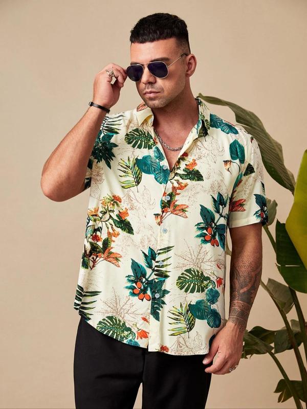  Men's Plants Print Button Front Shirt, Casual Loose Short Sleeve Collared Top for Summer, Men's Clothes for Beach Vacation