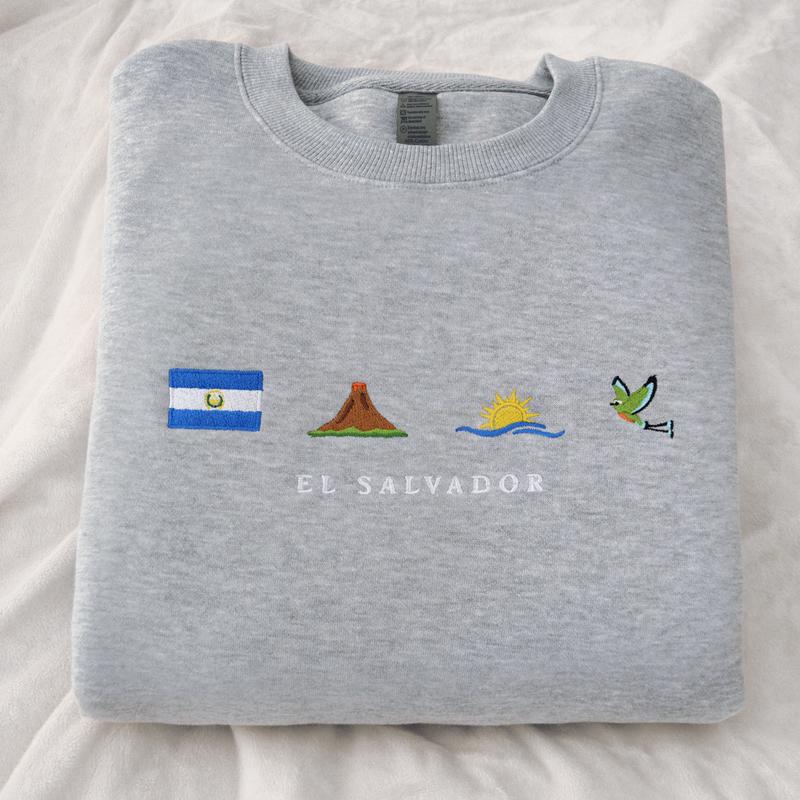 El Salvador Embroidery Sweatshirt, Cozy, Soft Gray, Torogoz, Volcano, Beach, Ocean, Surf, Pupusa, Flag, Emoji, Symbol, Gift, Stitch Crewneck