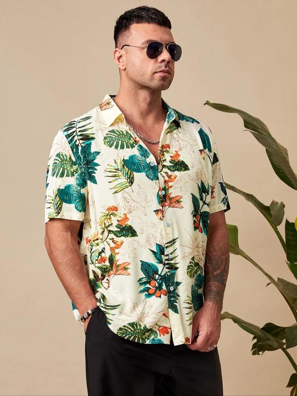  Men's Plants Print Button Front Shirt, Casual Loose Short Sleeve Collared Top for Summer, Men's Clothes for Beach Vacation