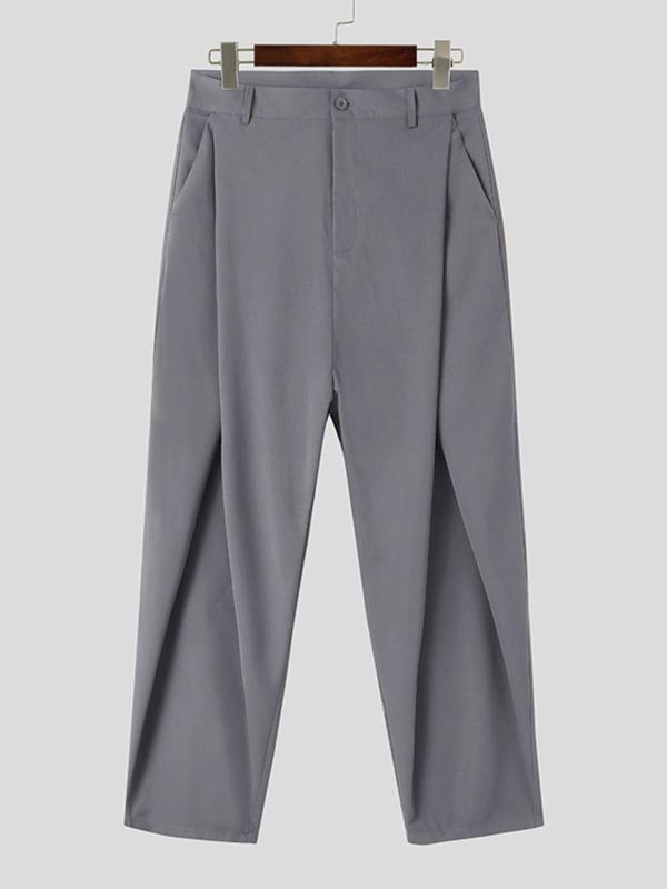 Men's Solid Pocket Wide Leg Pants, Casual Loose Plicated Trousers for Daily Wear, Woven Bottoms for All Seasons