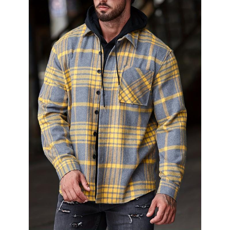 Men's Plaid Casual Shirt - Young Adult Men - Plaid, Tops, Long Sleeve, Lapel, Button, Regular, Casual, Polyester, Non-Stretch, No, Woven - Suitable for Office, Casual Outing, Everyday Wear zip sweatshirt polo collar shirt