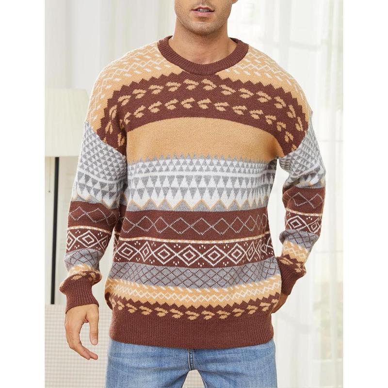 Mens Vintage Sweater Grandpa Oversized Cable Knit Crewneck Pullovers Casual Long Sleeve Striped Sweater