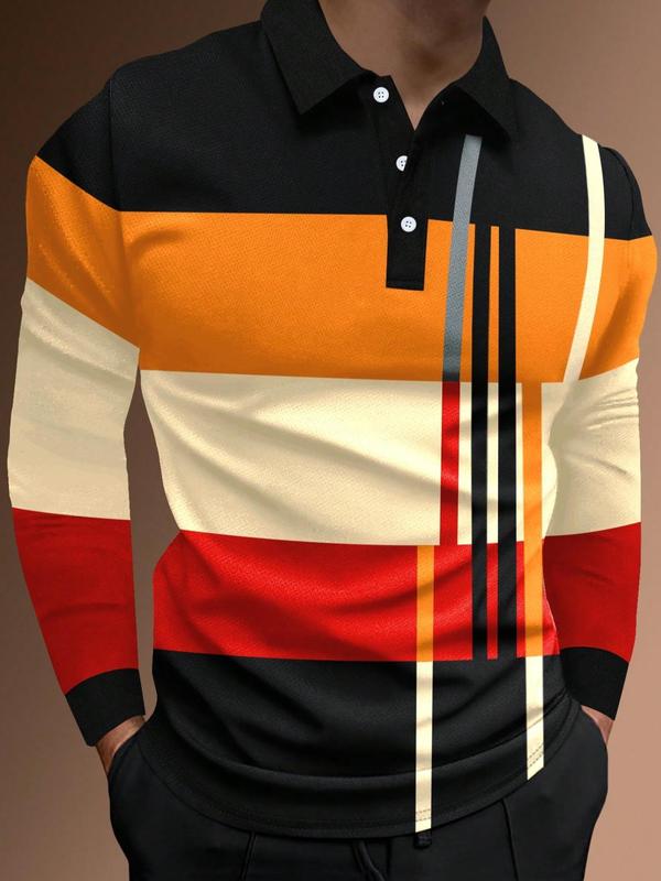 Men's Patchwork Print Half Button Polo Shirt, Regular Fit Casual Long Sleeve Collared Top, Streetwear, Menswear for Daily Wear