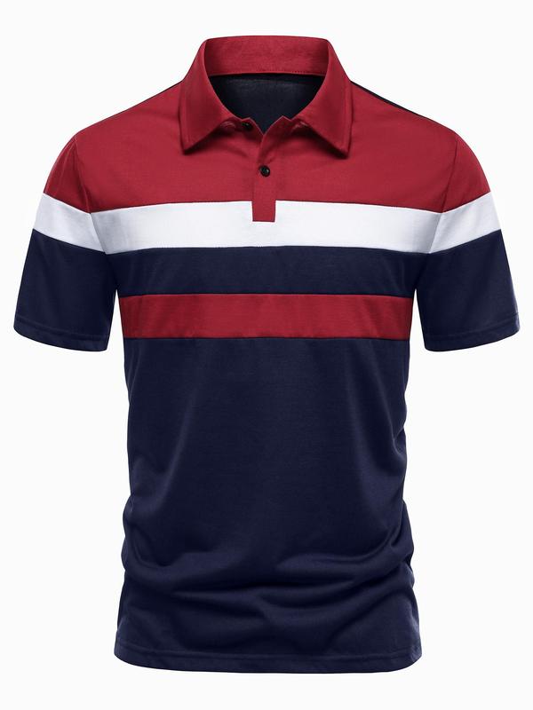 Men's Colorblock Striped Print Short Sleeve Polo Shirt, Regular Fit Casual Fashion Button Collared Top for Summer, Men's Clothes for Daily Wear
