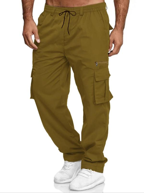  Men's Solid Color Drawstring Waist Cargo Pants, Casual Elastic Waist Zipper Pocket Trousers for Daily Wear, 2000s Pants, Men's Bottoms for All Seasons