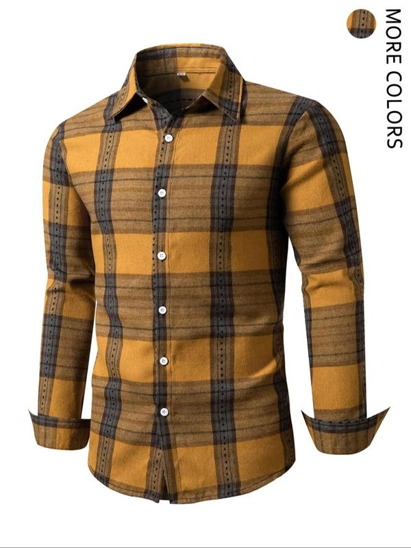 Men's Plaid Print Button Front Shirt, Regular Fit Casual Long Sleeve Collared Top for Fall & Winter, Men's Clothes for Daily Wear