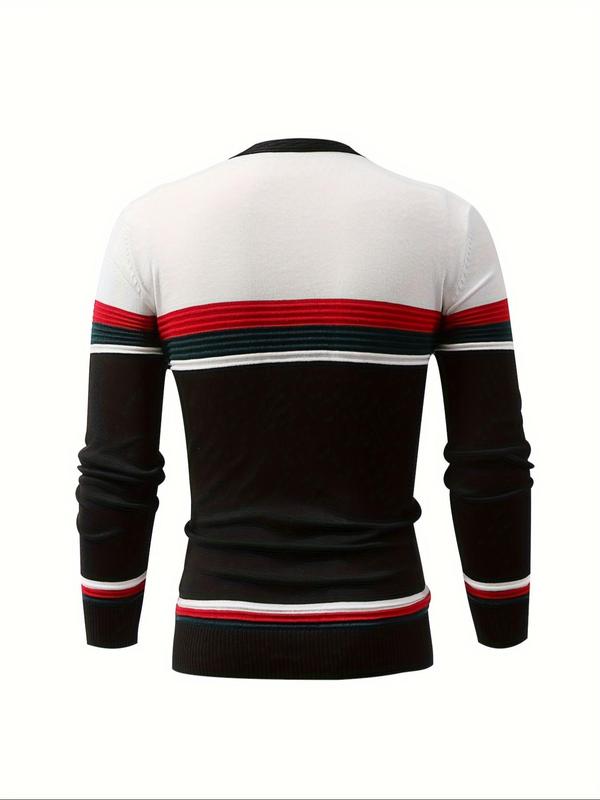 Men's Colorblock Striped Print V Neck Sweater, Regular Fit Casual Long Sleeve Jumper for Fall & Winter, Fashion Men's Knitwear for Daily Wear