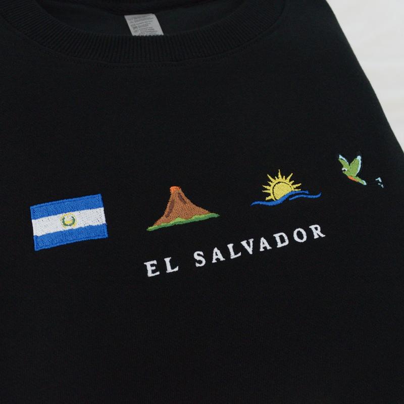 El Salvador Embroidery Sweatshirt, Cozy, Soft Gray, Torogoz, Volcano, Beach, Ocean, Surf, Pupusa, Flag, Emoji, Symbol, Gift, Stitch Crewneck