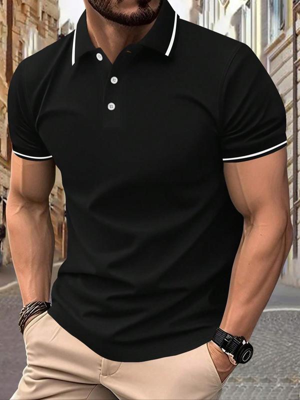 Men's Regular Fit Contrast Binding Short Sleeve Polo Shirt, Casual Half Button Collared Top for Summer, Fashion Men's Streetwear for Daily Wear