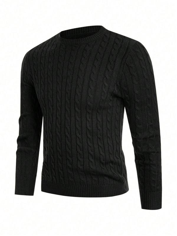 Men's Solid Twist Textured Round Neck Sweater, Regular Fit Casual Long Sleeve Cable Knit Jumper for Fall & Winter, Men's Knitwear for Daily Wear