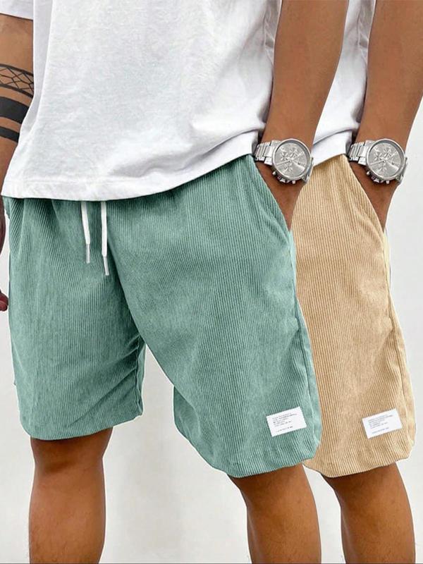 Men's Solid Patched Drawstring Waist Shorts, Regular Fit Casual Pocket Elastic Waist Shorts for Summer, Men's Bottoms for Daily Wear