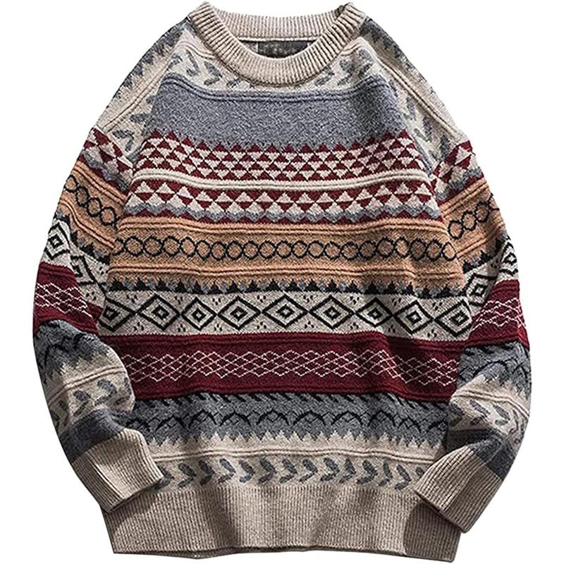 Mens Vintage Sweater Grandpa Oversized Cable Knit Crewneck Pullovers Casual Long Sleeve Striped Sweater