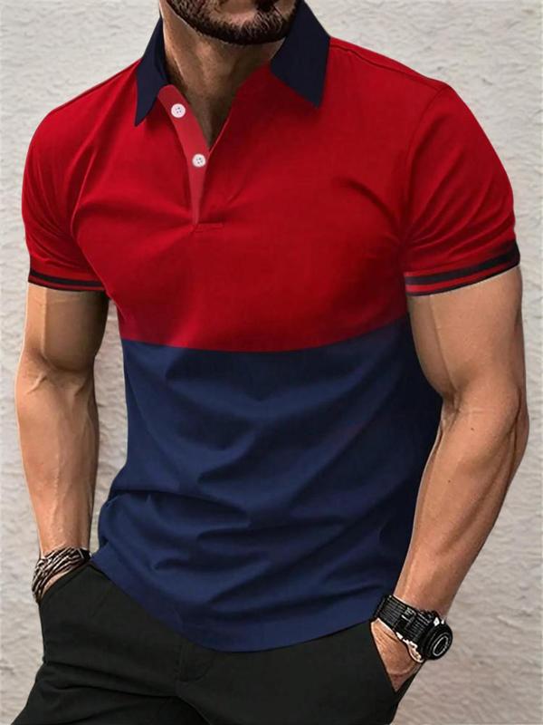 Men's Patchwork Eagle Print Short Sleeve Polo Shirt, Regular Fit Casual Streetwear Button Front Collared Top, Fashion Men's Summer Clothes, Teacher Outfits 2024, Polo Clothes, School Tops