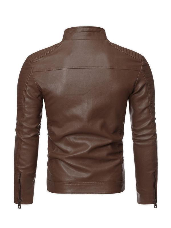 Men's Solid Zip Up Mock Neck Faux Leather Winter Jacket, Slim Casual Long Sleeve Outerwear for Fall & Winter, Men's Clothes for Daily Wear