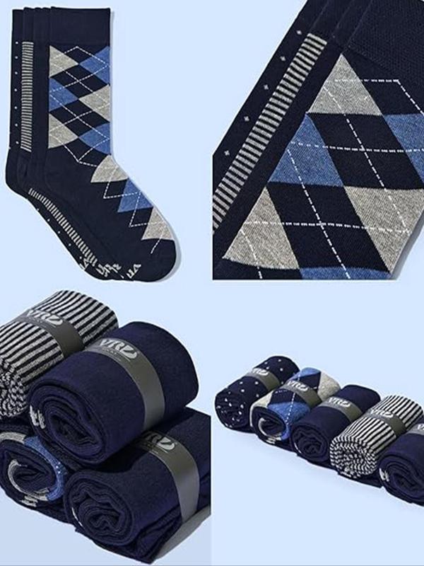 Men's Solid Color & Plaid Print Mid-calf Socks, Casual Comfy Breathable Socks for Daily Wear, Men's Socks for All Seasons