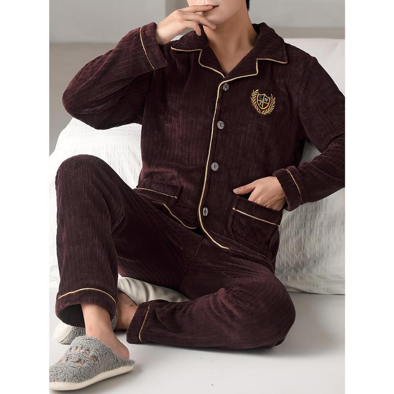 Men's Comfortable Flannel Pajamas Suit-Casual Lapel Long Sleeve Top with Pockets, with Loose Solid Color Trousers-100% Polyester Fiber Knitted Fabric, Suitable for Autumn and Winter, Thick