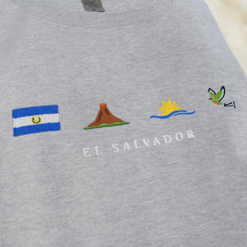 El Salvador Embroidery Sweatshirt, Cozy, Soft Gray, Torogoz, Volcano, Beach, Ocean, Surf, Pupusa, Flag, Emoji, Symbol, Gift, Stitch Crewneck