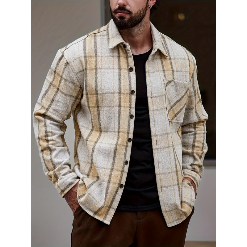 Men's Plaid Casual Shirt - Young Adult Men - Plaid, Tops, Long Sleeve, Lapel, Button, Regular, Casual, Polyester, Non-Stretch, No, Woven - Suitable for Office, Casual Outing, Everyday Wear zip sweatshirt polo collar shirt