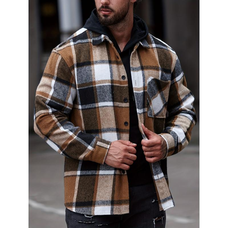 Men's Plaid Casual Shirt - Young Adult Men - Plaid, Tops, Long Sleeve, Lapel, Button, Regular, Casual, Polyester, Non-Stretch, No, Woven - Suitable for Office, Casual Outing, Everyday Wear zip sweatshirt polo collar shirt