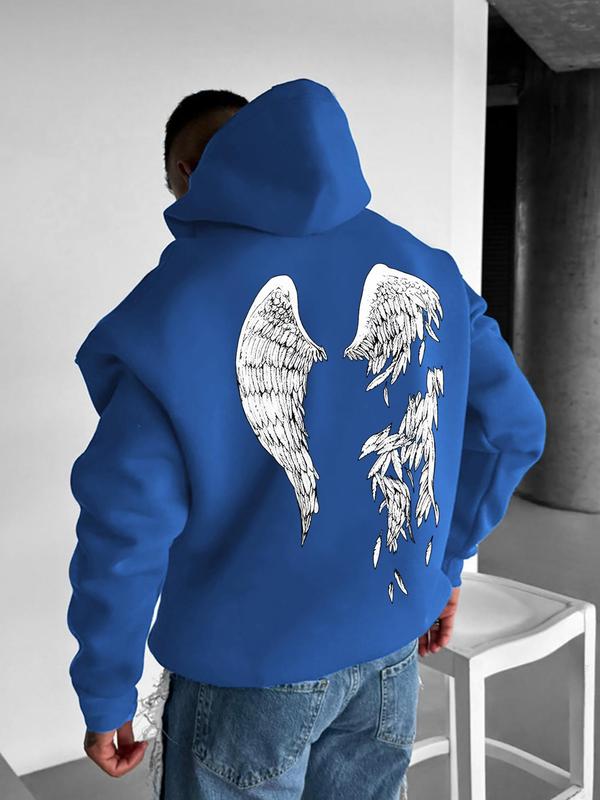 Unisex Men's Wings Print Long Sleeve Hoodie, Vintage 90s Tops, Fall Outfits 2024, Street Fashion Drawstring Pocket Hooded Sweatshirt for Daily Wear, Streetwear, Comfort Menswear