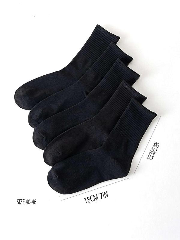 Men's 5 Pairs Plain Black Casual Crew Socks, Multi-pack Basic Simple Soft Comfy Mid Calf Socks for Daily Wear, Minimalist Men's Socks for Fall & Winter, Comfort Menswear