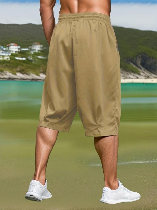  Men's Plain Pocket Drawstring Waist Capri Pants, Regular Fit Fashion Casual Cargo Trousers for Summer, Men's Bottoms for Daily Wear