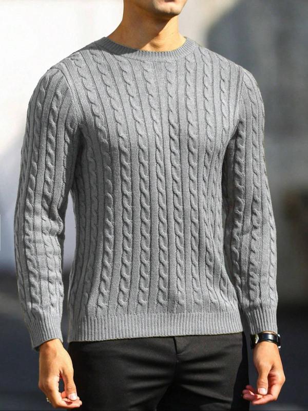 Men's Solid Twist Textured Round Neck Sweater, Regular Fit Casual Long Sleeve Cable Knit Jumper for Fall & Winter, Men's Knitwear for Daily Wear