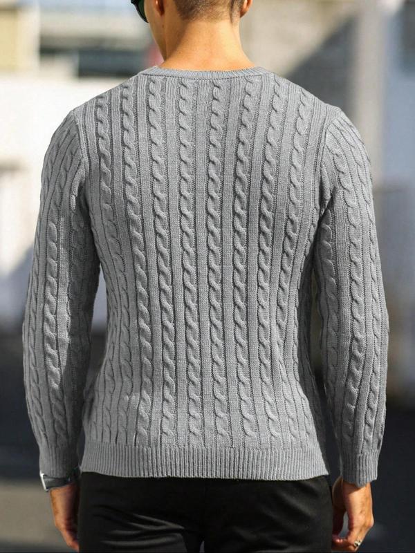 Men's Solid Twist Textured Round Neck Sweater, Regular Fit Casual Long Sleeve Cable Knit Jumper for Fall & Winter, Men's Knitwear for Daily Wear