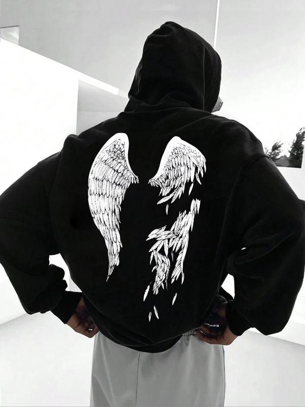 Unisex Men's Wings Print Long Sleeve Hoodie, Vintage 90s Tops, Fall Outfits 2024, Street Fashion Drawstring Pocket Hooded Sweatshirt for Daily Wear, Streetwear, Comfort Menswear