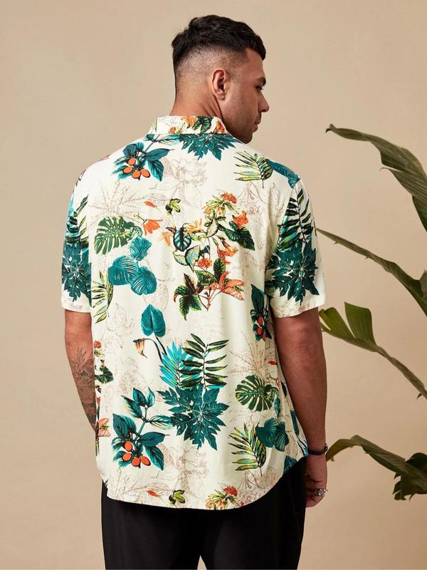  Men's Plants Print Button Front Shirt, Casual Loose Short Sleeve Collared Top for Summer, Men's Clothes for Beach Vacation