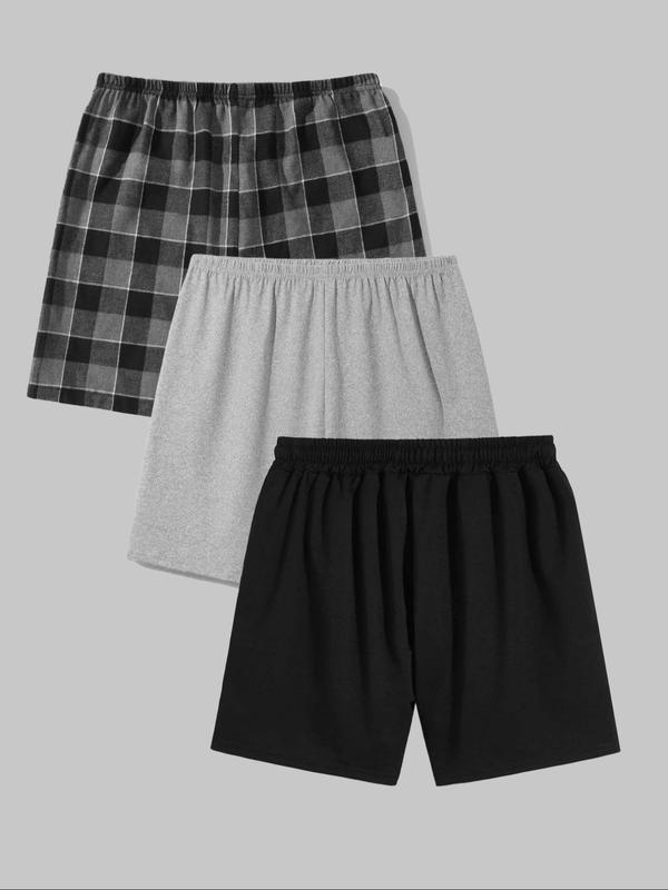 Men's Plain & Plaid Print Drawstring Waist Pocket Lounge Shorts, Regular Fit Casual Comfy Elastic Waist Sleep Shorts, Men Summer Sleep Bottoms