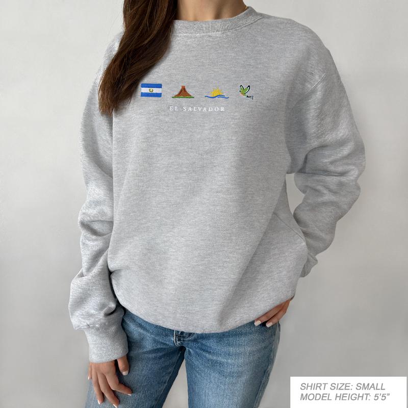 El Salvador Embroidery Sweatshirt, Cozy, Soft Gray, Torogoz, Volcano, Beach, Ocean, Surf, Pupusa, Flag, Emoji, Symbol, Gift, Stitch Crewneck