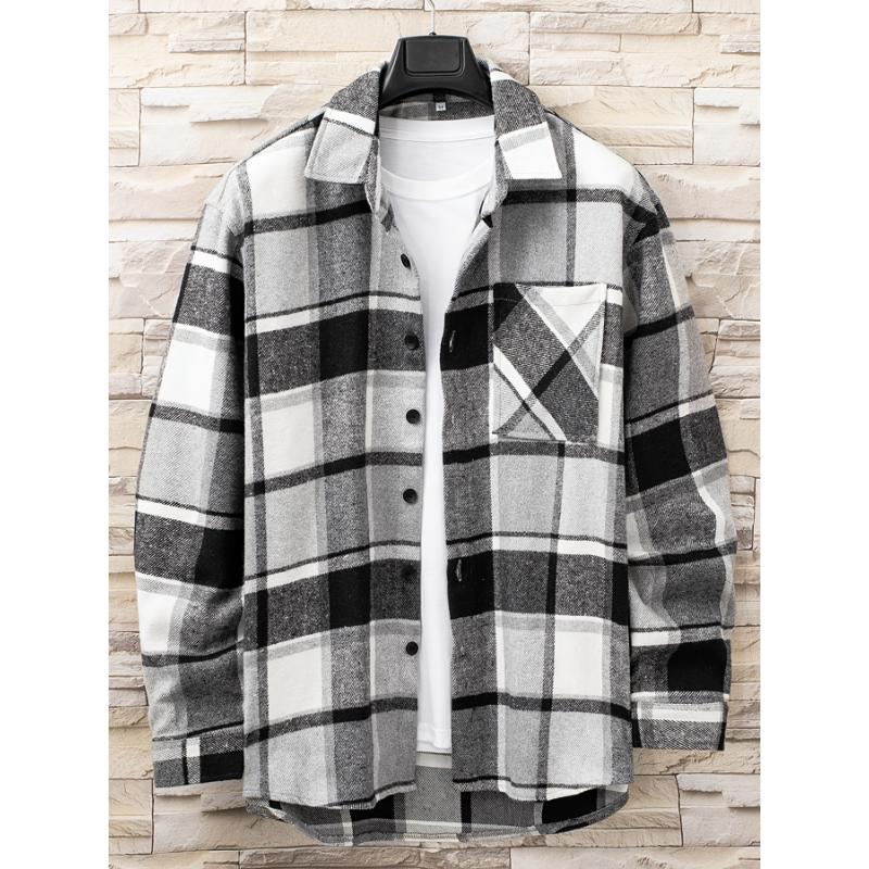 Men's Plaid Casual Shirt - Young Adult Men - Plaid, Tops, Long Sleeve, Lapel, Button, Regular, Casual, Polyester, Non-Stretch, No, Woven - Suitable for Office, Casual Outing, Everyday Wear zip sweatshirt polo collar shirt