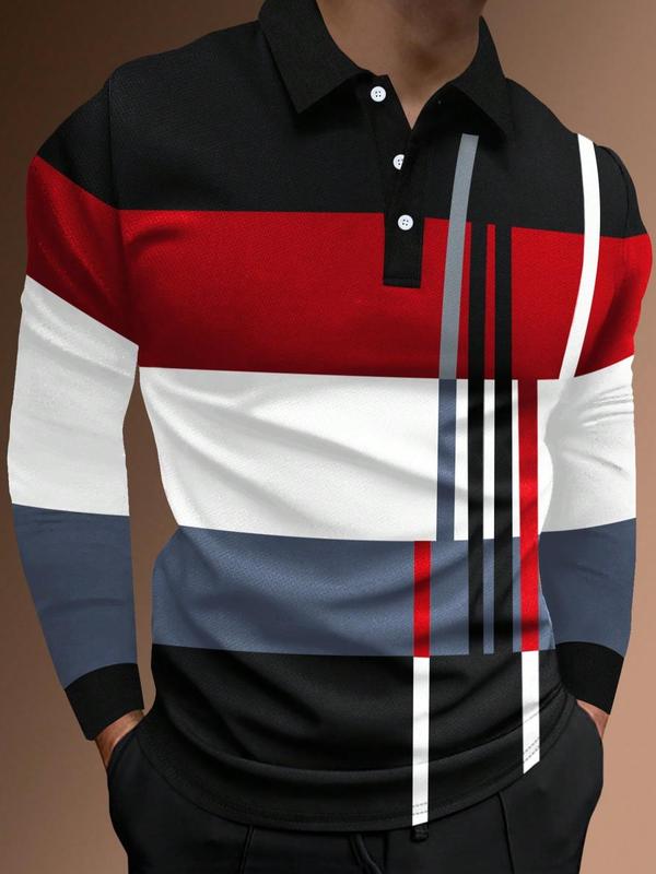 Men's Patchwork Print Half Button Polo Shirt, Regular Fit Casual Long Sleeve Collared Top, Streetwear, Menswear for Daily Wear