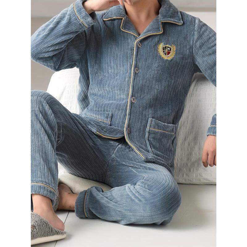 Men's Comfortable Flannel Pajamas Suit-Casual Lapel Long Sleeve Top with Pockets, with Loose Solid Color Trousers-100% Polyester Fiber Knitted Fabric, Suitable for Autumn and Winter, Thick