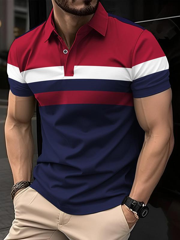 Men's Colorblock Striped Print Short Sleeve Polo Shirt, Regular Fit Casual Fashion Button Collared Top for Summer, Men's Clothes for Daily Wear