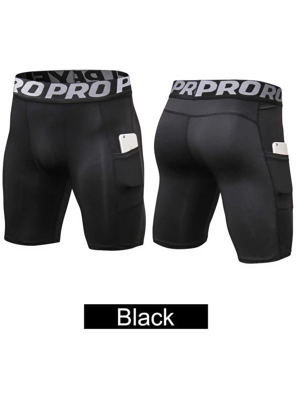 Men's Letter Tape Waist Seamless Compression Shorts with Pocket Design, Breathable Skin Friendly Tight Fitting Panties for All Seasons, Mens  Boxer Underwear, Quick-drying Anti-chafing Boxer Brief, Men's Clothing, Back To School  Fall Wear