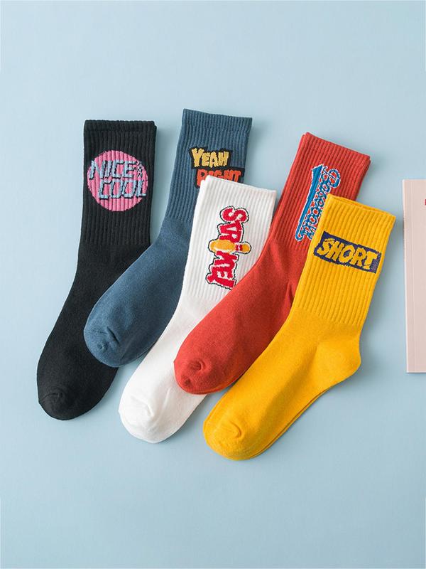 Unisex's 5 Pairs Pop Art Letter Print Crew Socks, Casual Comfy Socks for Daily Outdoor Wear, Unisex's Street Trend Socks