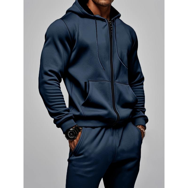 2-piece Solid Color Men's Athletic Tracksuit Set, Casual Long Sleeve Zip Up Hoodie With Drawstring And Jogging Pants Set For Gym Workout Running