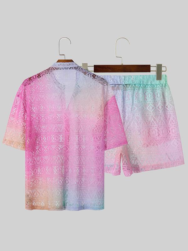 Two-Piece Set Men's Ombre Print Button Front Shirt & Shorts Set, Loose Casual Drop Shoulder Short Sleeve Top & Sheer Shorts for Summer, Men's Two-piece Outfits for Daily Wear, 90s Clothes