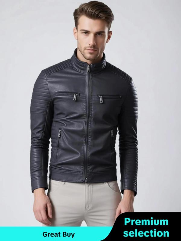 Men's Solid Zip Up Mock Neck Faux Leather Winter Jacket, Slim Casual Long Sleeve Outerwear for Fall & Winter, Men's Clothes for Daily Wear